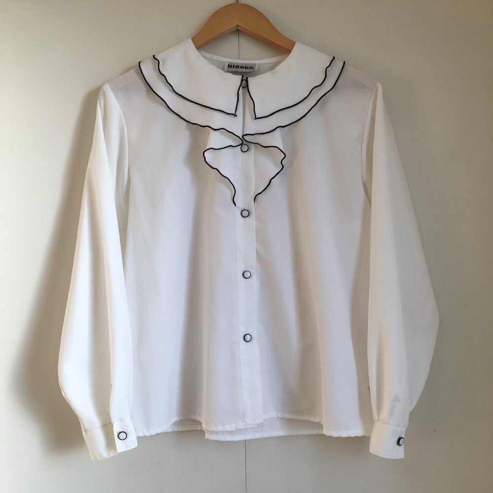 Vintage Victorian White Bib Collar Long Sleeve Blouse